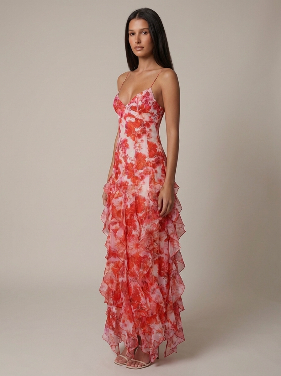 Women's Coral V-Neck Summer Wedding Guest Maxi Dress