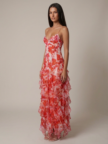 Women's Coral V-Neck Summer Wedding Guest Maxi Dress