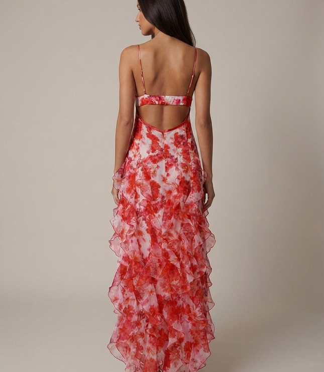 Women's Coral V-Neck Summer Wedding Guest Maxi Dress