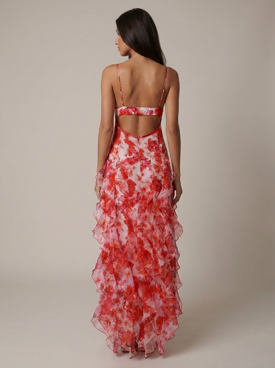 Women's Coral V-Neck Summer Wedding Guest Maxi Dress
