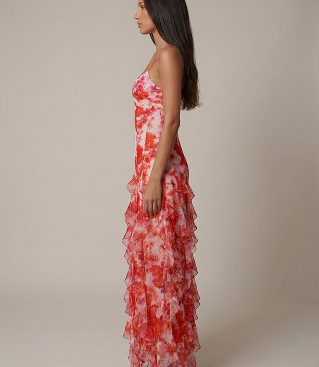 Women's Coral V-Neck Summer Wedding Guest Maxi Dress