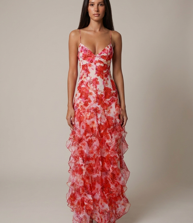 Women's Coral V-Neck Summer Wedding Guest Maxi Dress