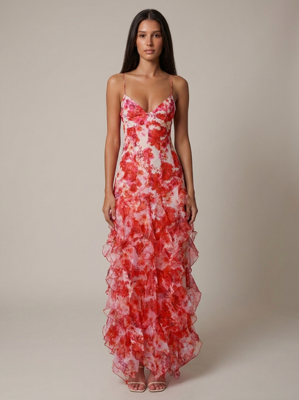 Women's Coral V-Neck Summer Wedding Guest Maxi Dress