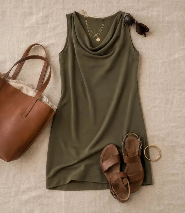 Women's Cowl Neck Sleeveless Mini Shift Summer Dress