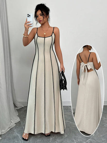 Women's Cream Satin V-Neck Wedding Guest Maxi Dress