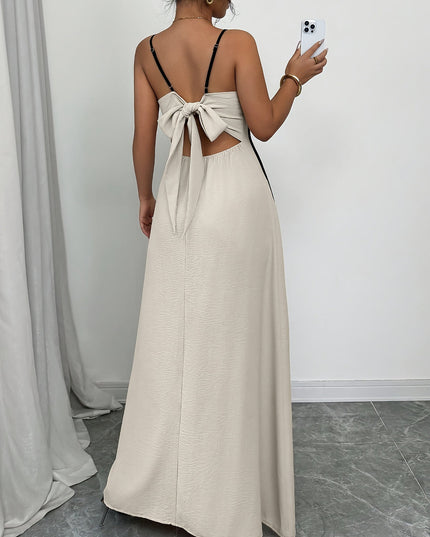 Women's Cream Satin V-Neck Wedding Guest Maxi Dress