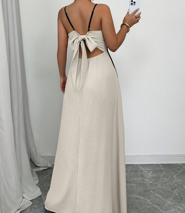 Women's Cream Satin V-Neck Wedding Guest Maxi Dress