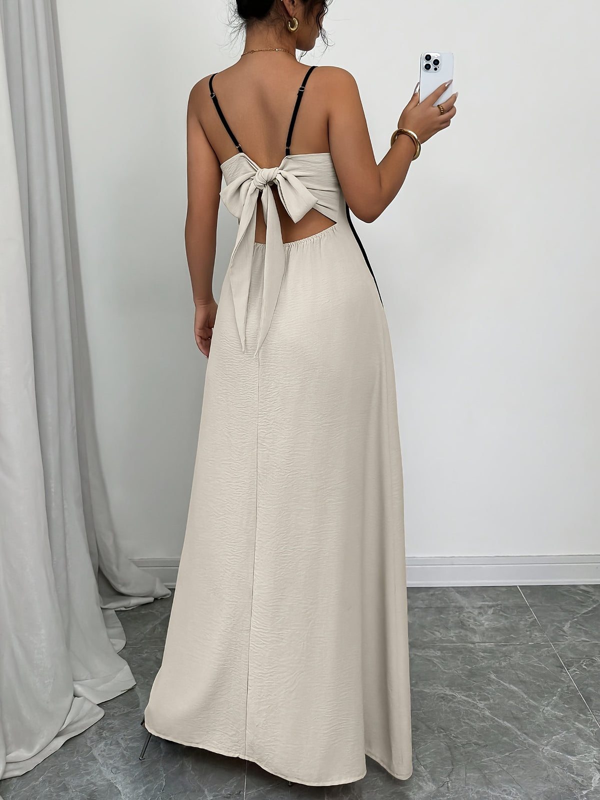 Women's Cream Satin V-Neck Wedding Guest Maxi Dress