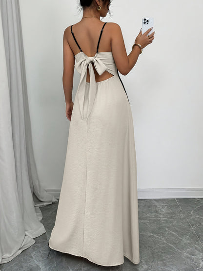 Women's Cream Satin V-Neck Wedding Guest Maxi Dress