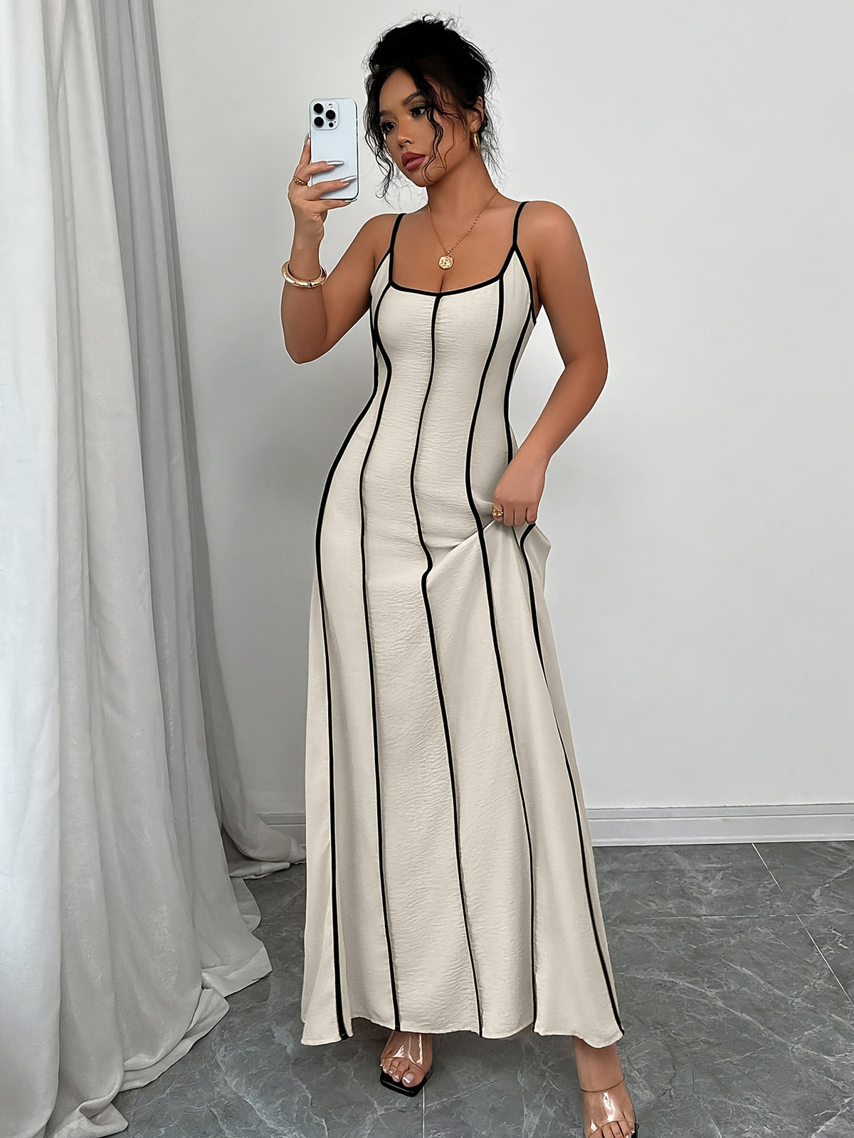Women's Cream Satin V-Neck Wedding Guest Maxi Dress