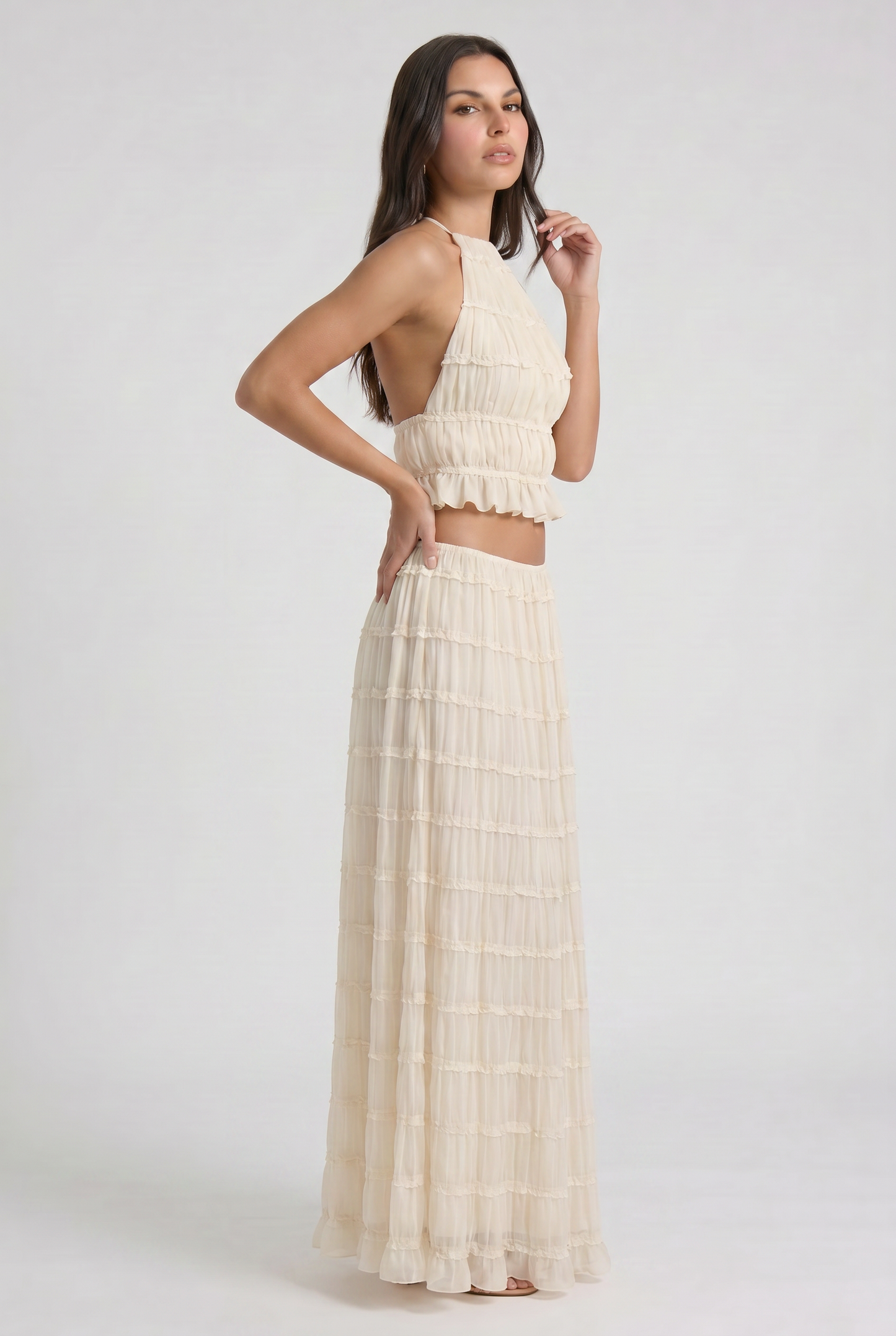 Women's Cream Two Piece Co-ord Maxi Skirt Set