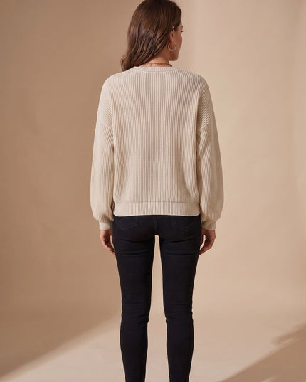 Women's Crew Neck Textured Knit Balloon Sleeve Sweater