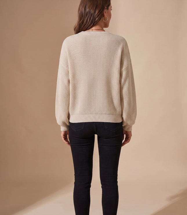 Women's Crew Neck Textured Knit Balloon Sleeve Sweater