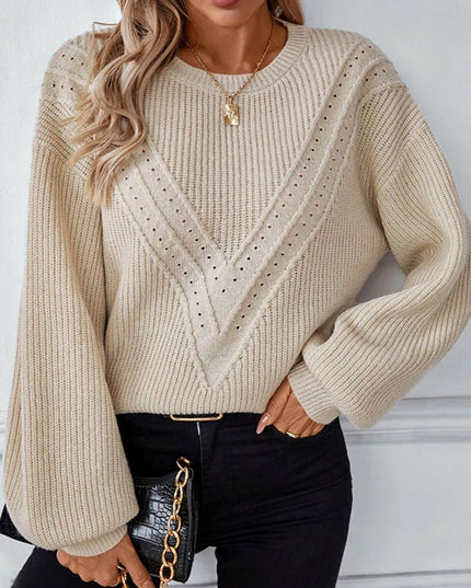 Women's Crew Neck Textured Knit Balloon Sleeve Sweater