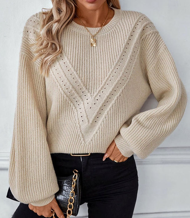 Women's Crew Neck Textured Knit Balloon Sleeve Sweater