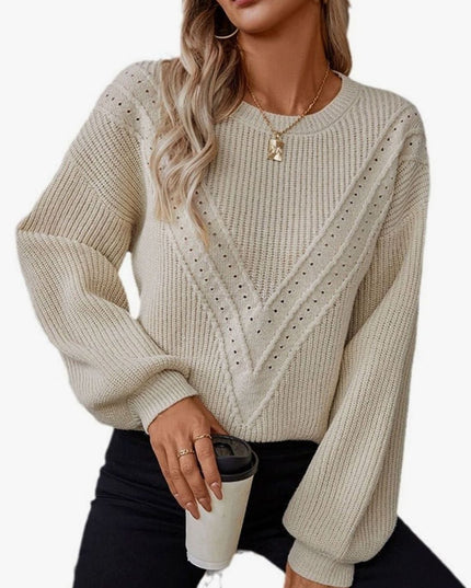 Women's Crew Neck Textured Knit Balloon Sleeve Sweater