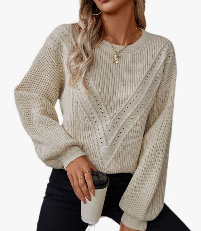 Women's Crew Neck Textured Knit Balloon Sleeve Sweater