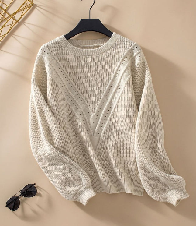 Women's Crew Neck Textured Knit Balloon Sleeve Sweater