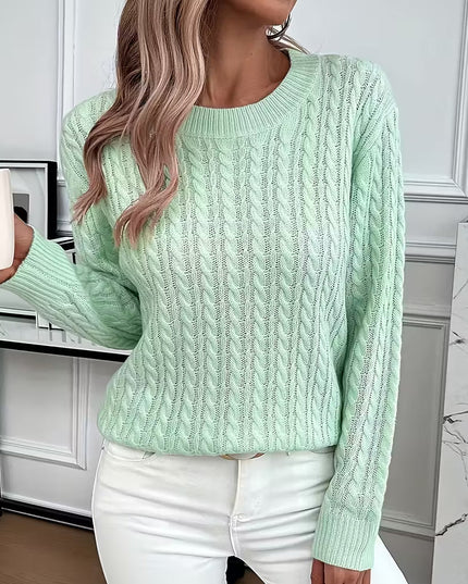 Women's Crewneck Sweater in a Cable Knit Pattern with Ribbed Cuffs