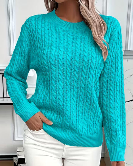 Women's Crewneck Sweater in a Cable Knit Pattern with Ribbed Cuffs