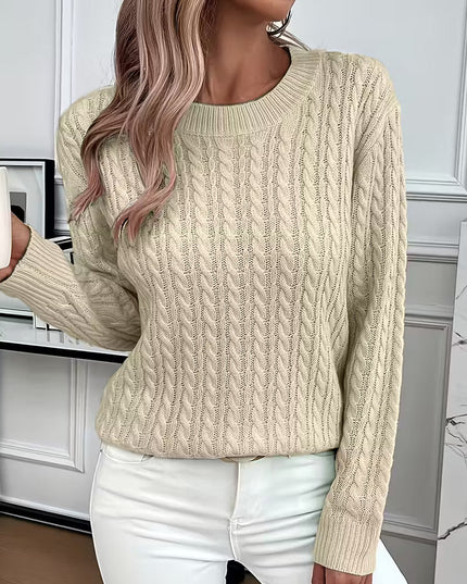 Women's Crewneck Sweater in a Cable Knit Pattern with Ribbed Cuffs