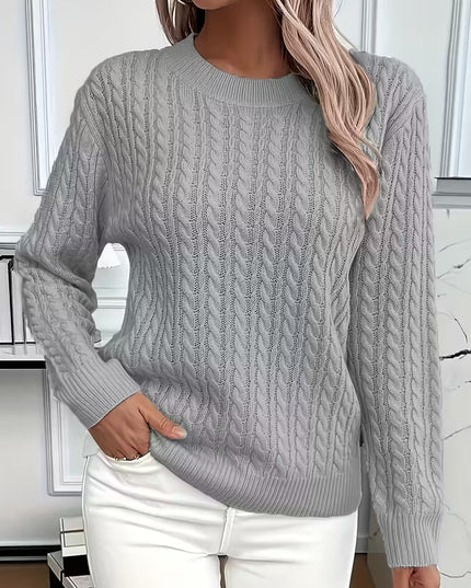 Women's Crewneck Sweater in a Cable Knit Pattern with Ribbed Cuffs