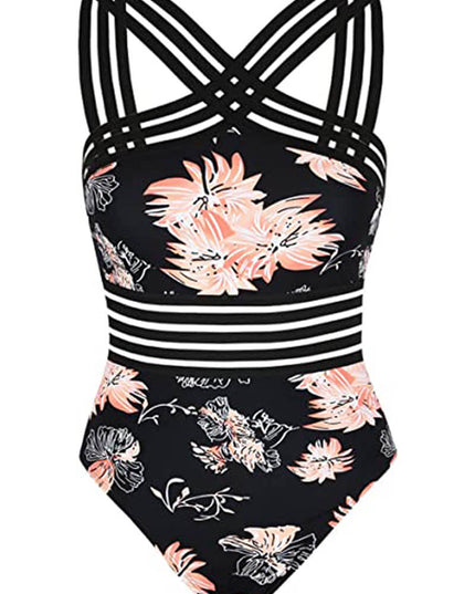 Black floral one piece swimsuit with criss cross halter straps and striped waist detail
