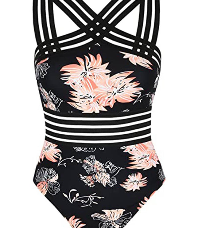 Black floral one piece swimsuit with criss cross halter straps and striped waist detail