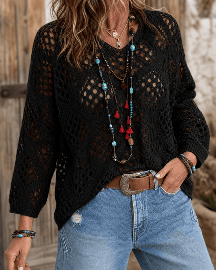 Women's Crochet Knit V-Neck Relaxed Pullover Top