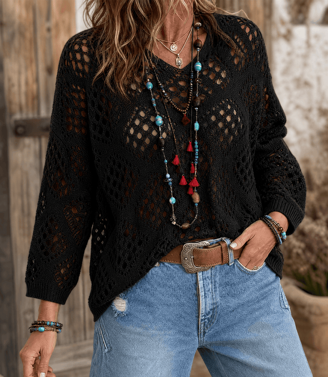 Women's Crochet Knit V-Neck Relaxed Pullover Top