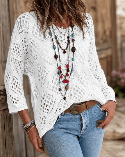 Women's Crochet Knit V-Neck Relaxed Pullover Top