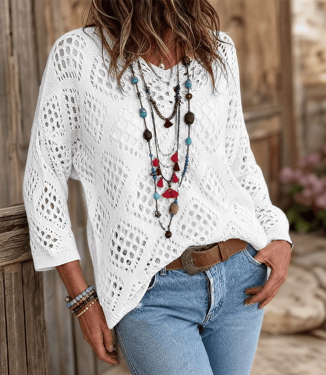 Women's Crochet Knit V-Neck Relaxed Pullover Top