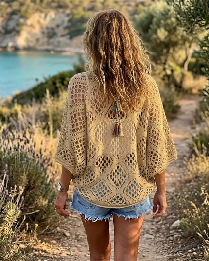 Women's Crochet Knit V-Neck Relaxed Pullover Top