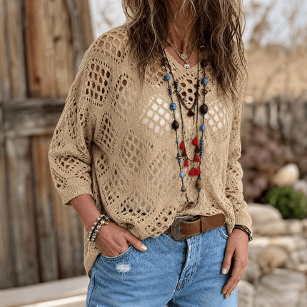 Women's Crochet Knit V-Neck Relaxed Pullover Top