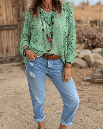 Women's Crochet Knit V-Neck Relaxed Pullover Top