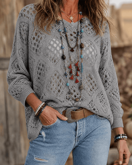 Women's Crochet Knit V-Neck Relaxed Pullover Top