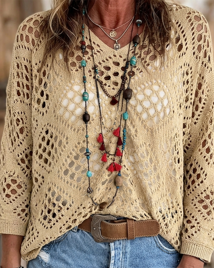 Women's Crochet Knit V-Neck Relaxed Pullover Top