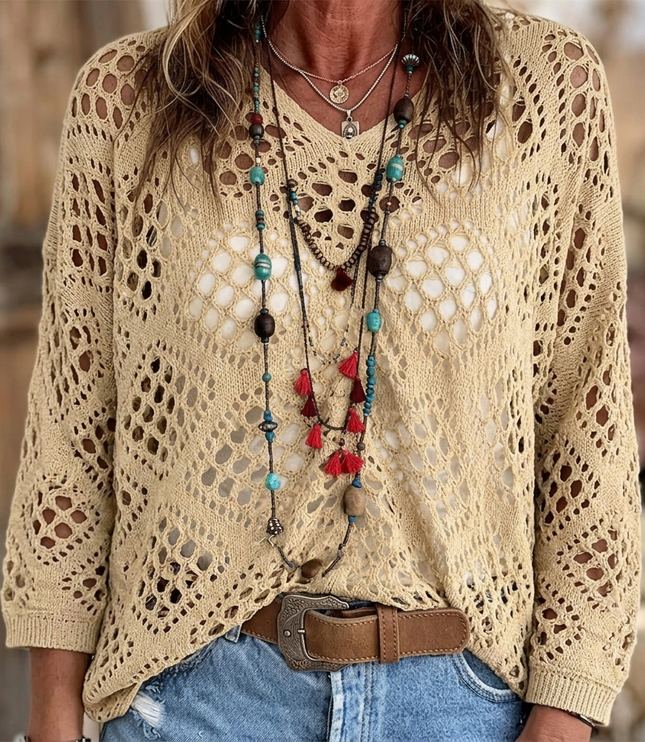 Women's Crochet Knit V-Neck Relaxed Pullover Top