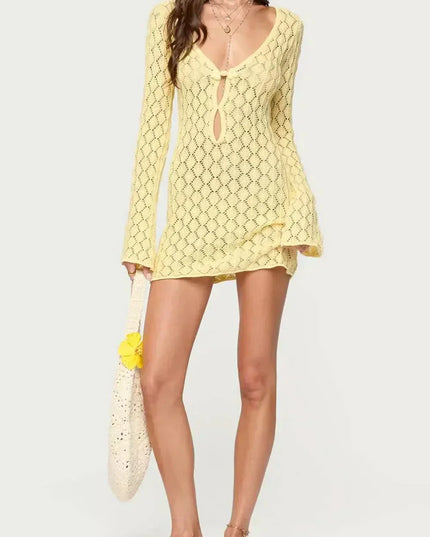 Front view of yellow summer crochet mini dress with keyhole tie front and flared sleeves