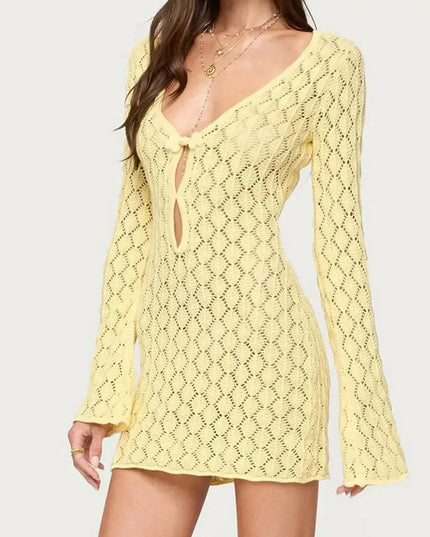 Yellow crochet tie front mini dress with long bell sleeves and deep V neckline
