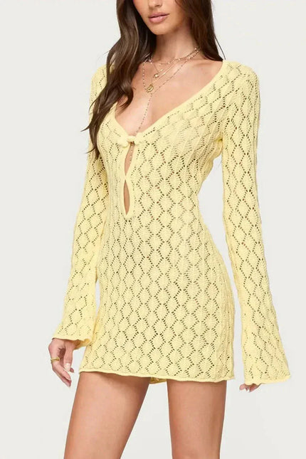Yellow crochet tie front mini dress with long bell sleeves and deep V neckline