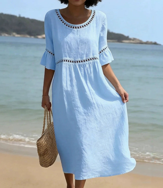Women's Crochet Trim Midi Dress in Linen-Look Fabric
