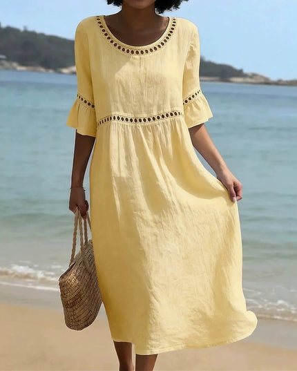 Women's Crochet Trim Midi Dress in Linen-Look Fabric