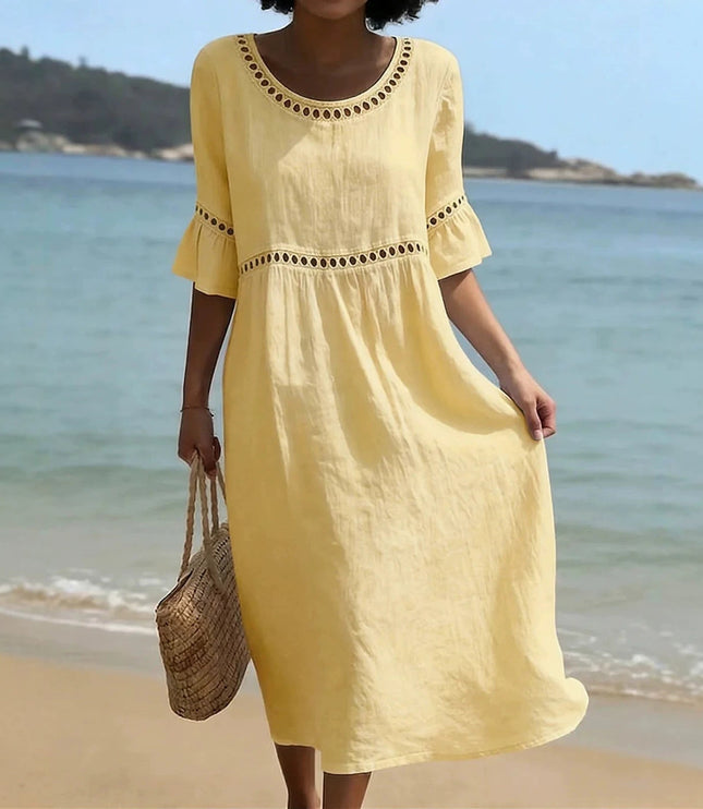 Women's Crochet Trim Midi Dress in Linen-Look Fabric