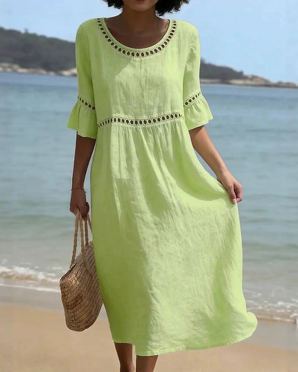 Women's Crochet Trim Midi Dress in Linen-Look Fabric
