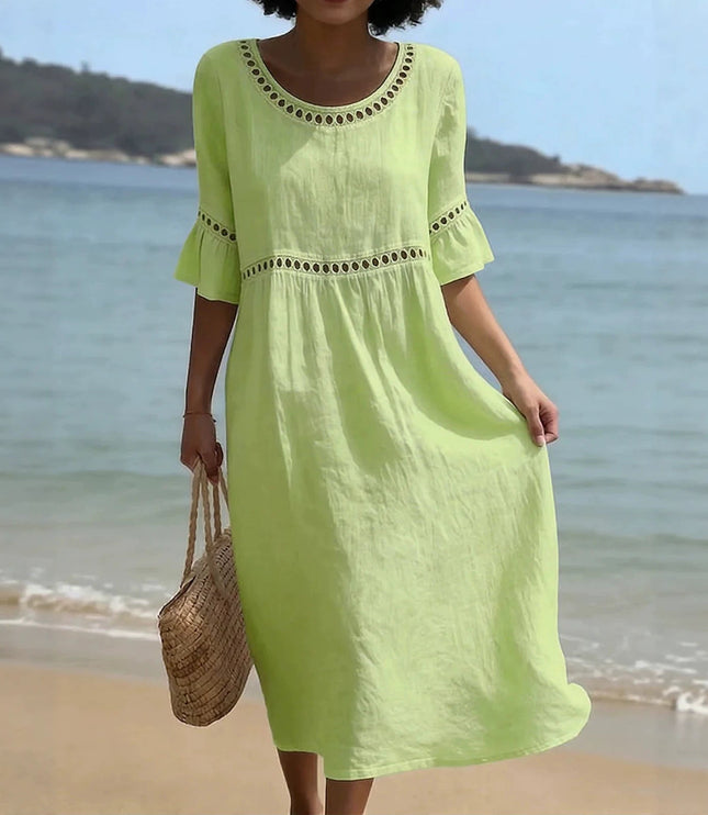 Women's Crochet Trim Midi Dress in Linen-Look Fabric