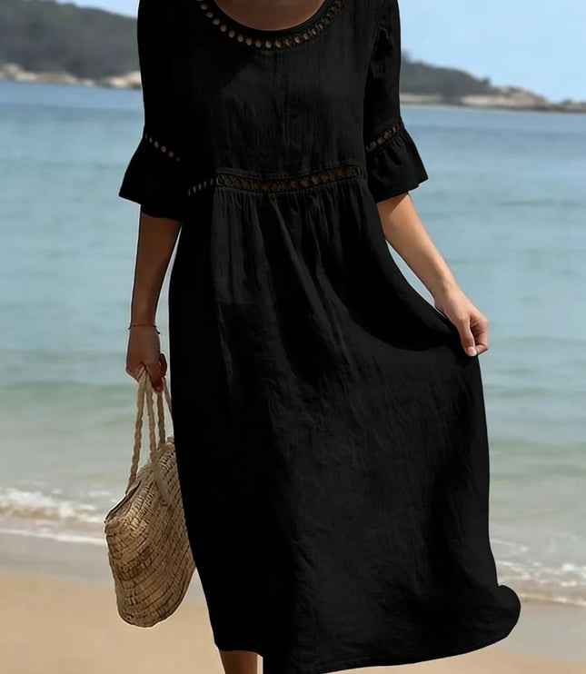 Women's Crochet Trim Midi Dress in Linen-Look Fabric