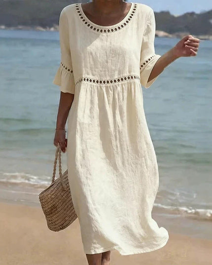Women's Crochet Trim Midi Dress in Linen-Look Fabric
