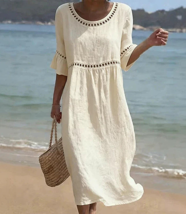 Women's Crochet Trim Midi Dress in Linen-Look Fabric