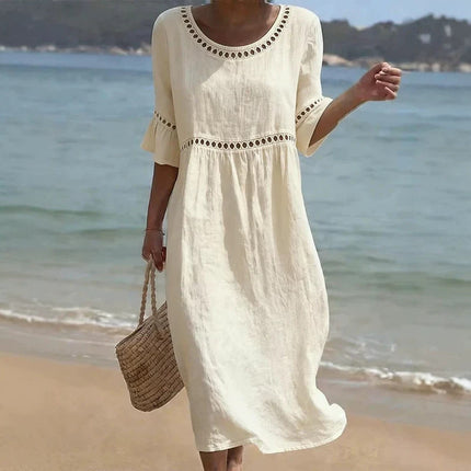 Women's Crochet Trim Midi Dress in Linen-Look Fabric